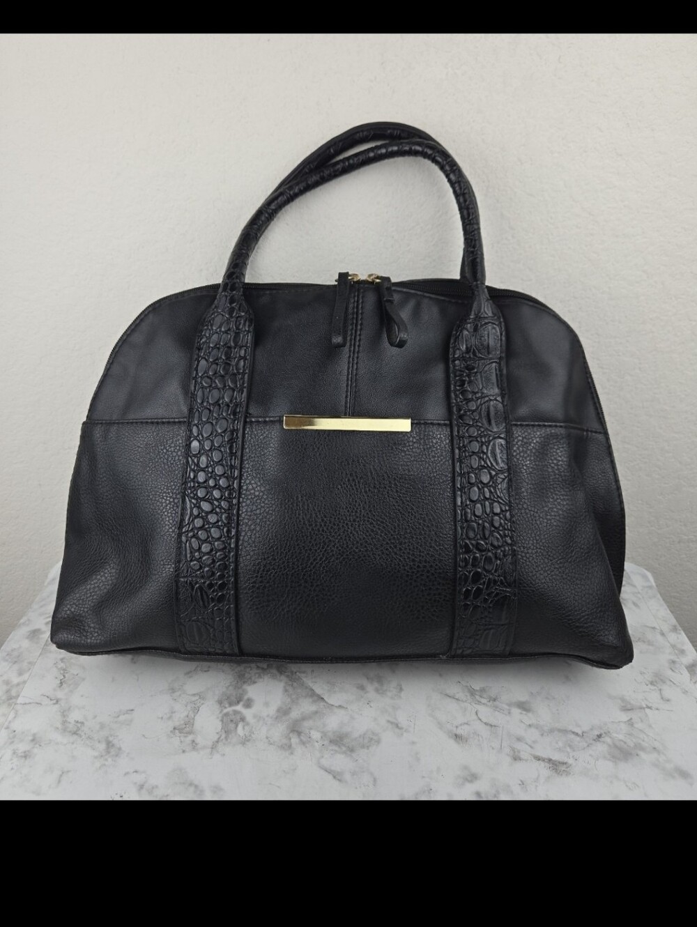 Black Structured Satchel Handbag with Croc-Textured Accents